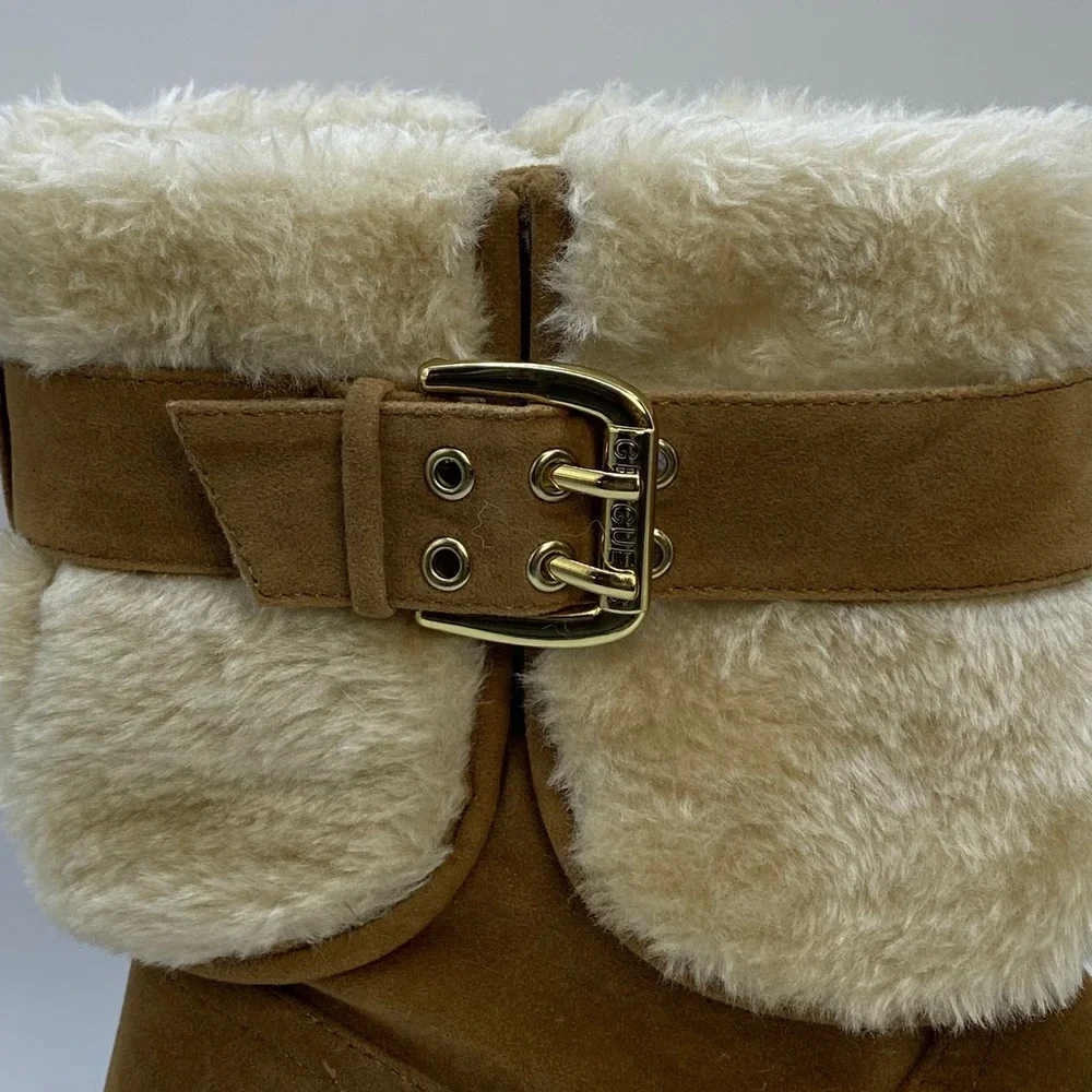 Guess Cozy Tan Faux Fur Buckle Detail Winter Boots Mid Calf Y2K Booties - 8